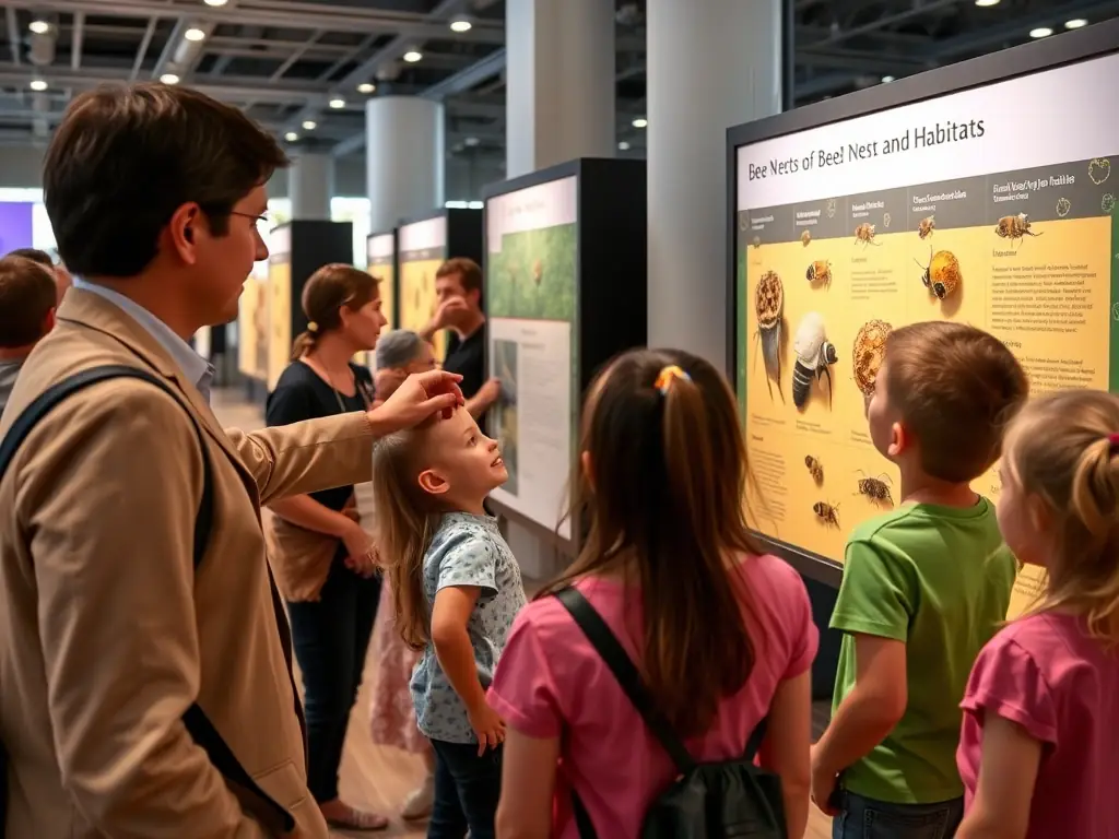 A museum guide leading a group of visitors through an exhibit on bee habitats, pointing out different types of bee nests and explaining the importance of biodiversity. The exhibit is colorful and informative, with interactive displays.