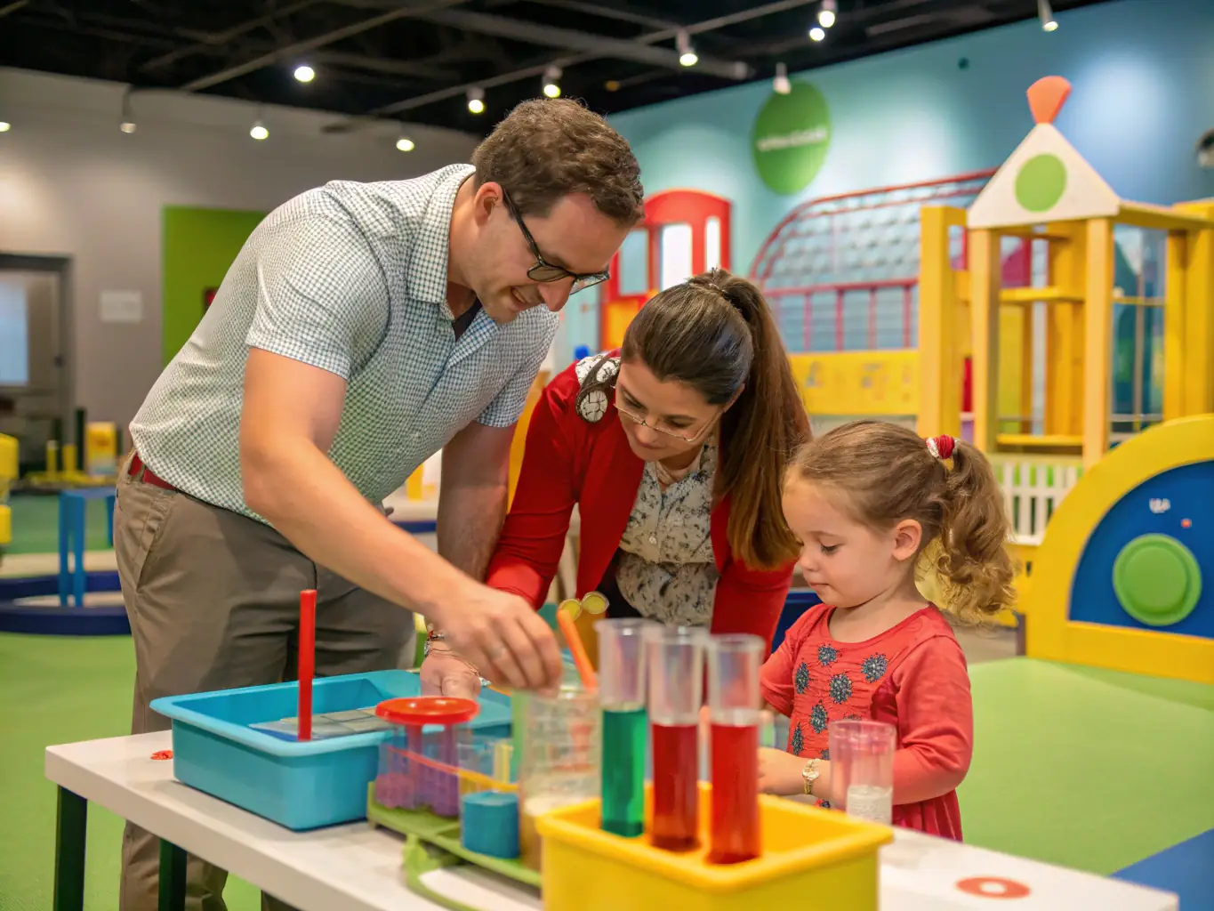 A family interacting with an interactive exhibit that simulates the waggle dance of bees, with lights and sounds that mimic bee communication. The exhibit is engaging and educational, designed to teach visitors about bee behavior.