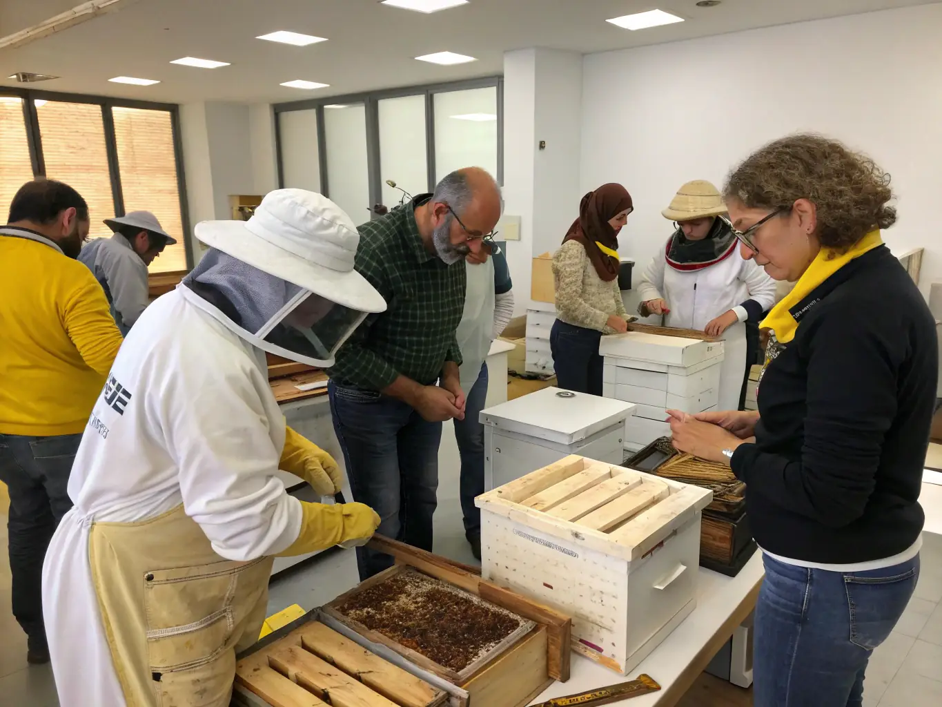 A group of children participating in a hands-on beekeeping workshop, wearing protective gear and observing a honeycomb frame with live bees in a safe, controlled environment at THE MUSEUM OF BEES AND APICULTURE.