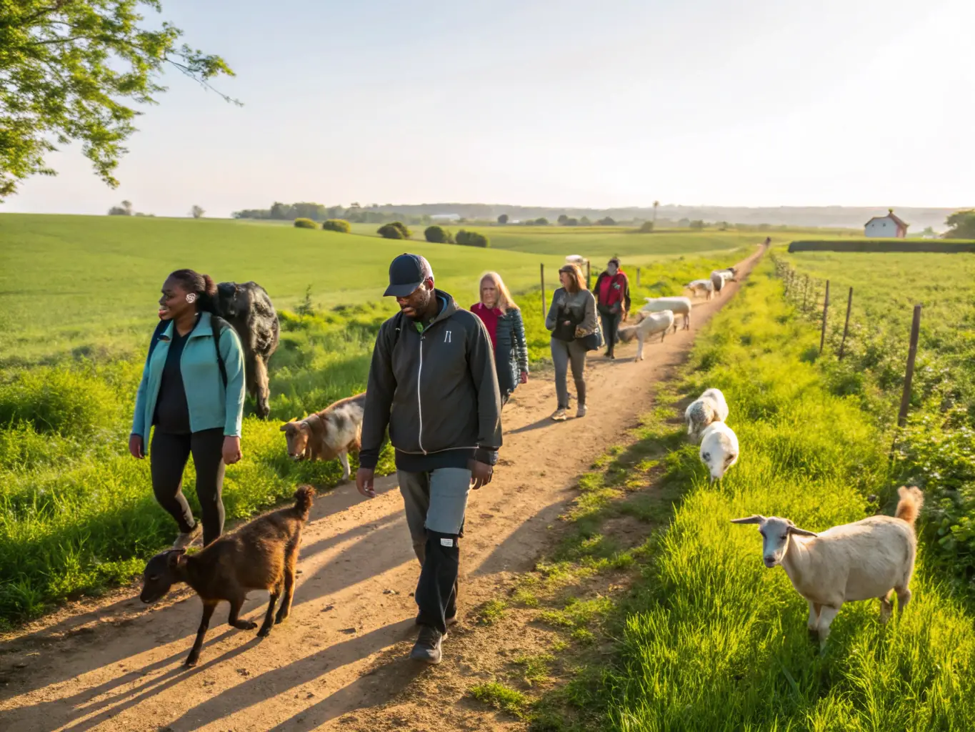 A scenic view of a guided tour group walking through the museum's apiary, with a knowledgeable guide pointing out different bee species and hive structures, set against a backdrop of blooming flowers and greenery.