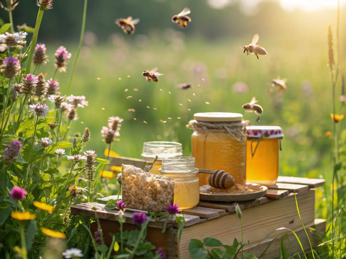 A vibrant scene from a museum event, featuring families enjoying interactive exhibits, honey tasting stations, and educational displays about bees and their importance to the environment.